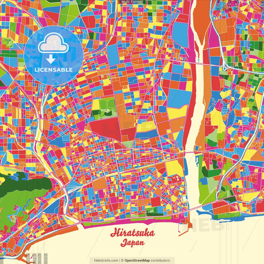 Hiratsuka, Kanagawa, Japan Crazy Colorful Street Map Poster Template