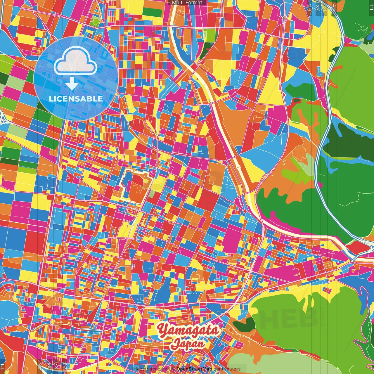 Yamagata, Yamagata, Japan Crazy Colorful Street Map Poster Template