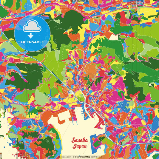 Sasebo, Nagasaki, Japan Crazy Colorful Street Map Poster Template