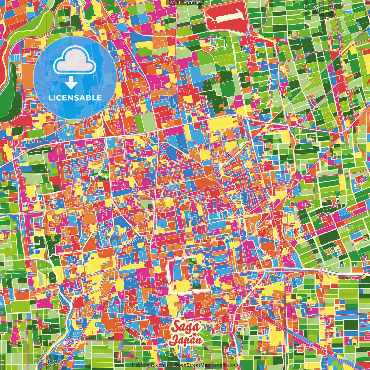 Saga, Saga, Japan Crazy Colorful Street Map Poster Template