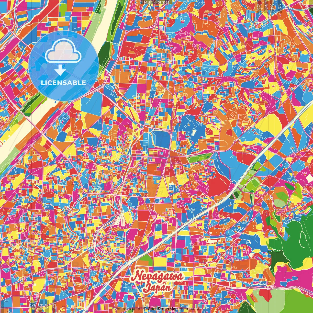 Neyagawa, Osaka, Japan Crazy Colorful Street Map Poster Template