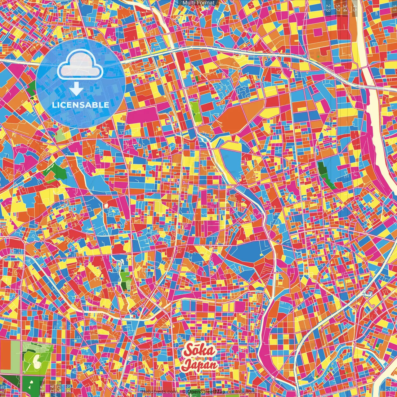 Sōka, Saitama, Japan Crazy Colorful Street Map Poster Template