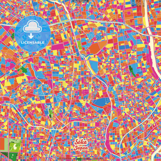 Sōka, Saitama, Japan Crazy Colorful Street Map Poster Template