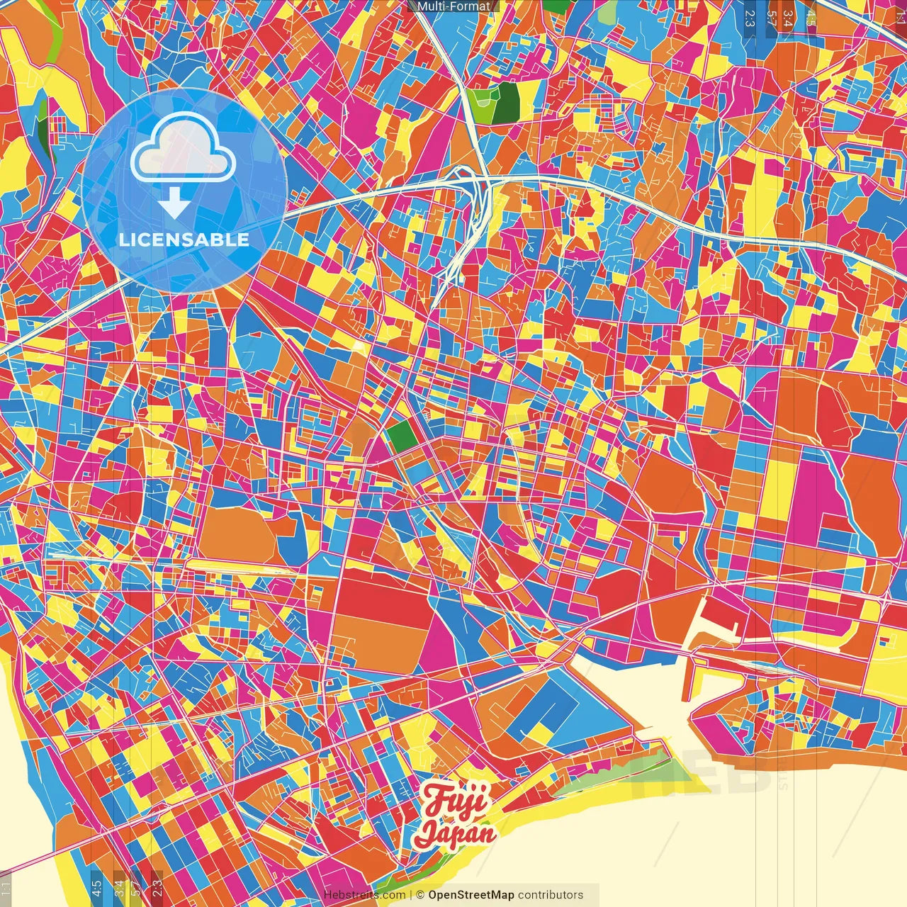 Fuji, Shizuoka, Japan Crazy Colorful Street Map Poster Template