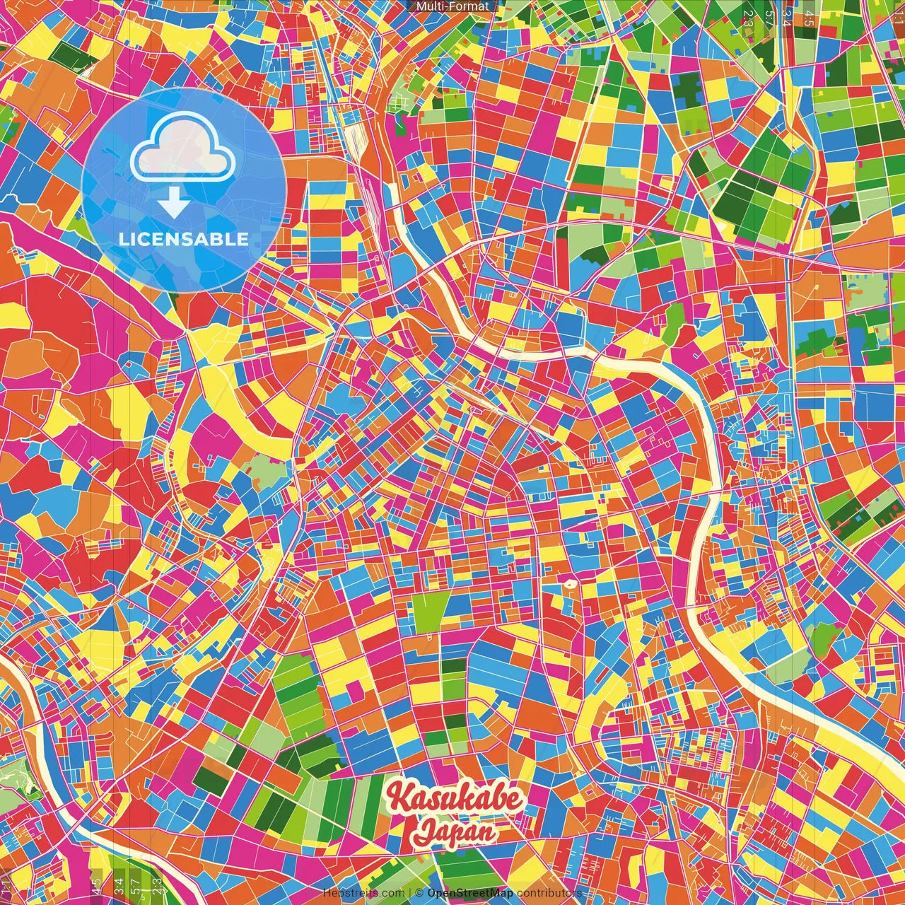 Kasukabe, Saitama, Japan Crazy Colorful Street Map Poster Template