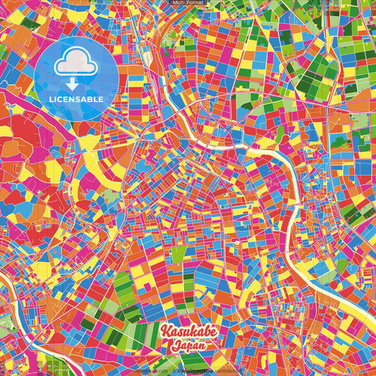 Kasukabe, Saitama, Japan Crazy Colorful Street Map Poster Template