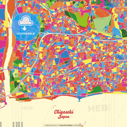 Chigasaki, Kanagawa, Japan Crazy Colorful Street Map Poster Template
