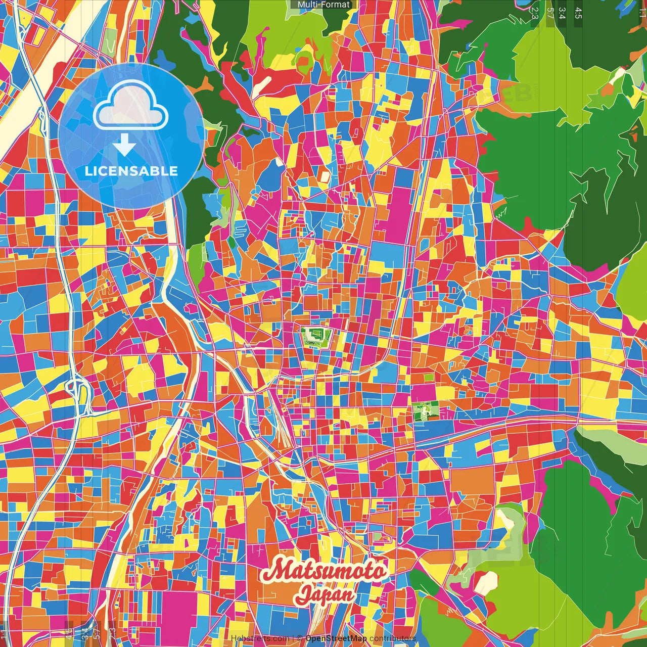 Matsumoto, Nagano, Japan Crazy Colorful Street Map Poster Template