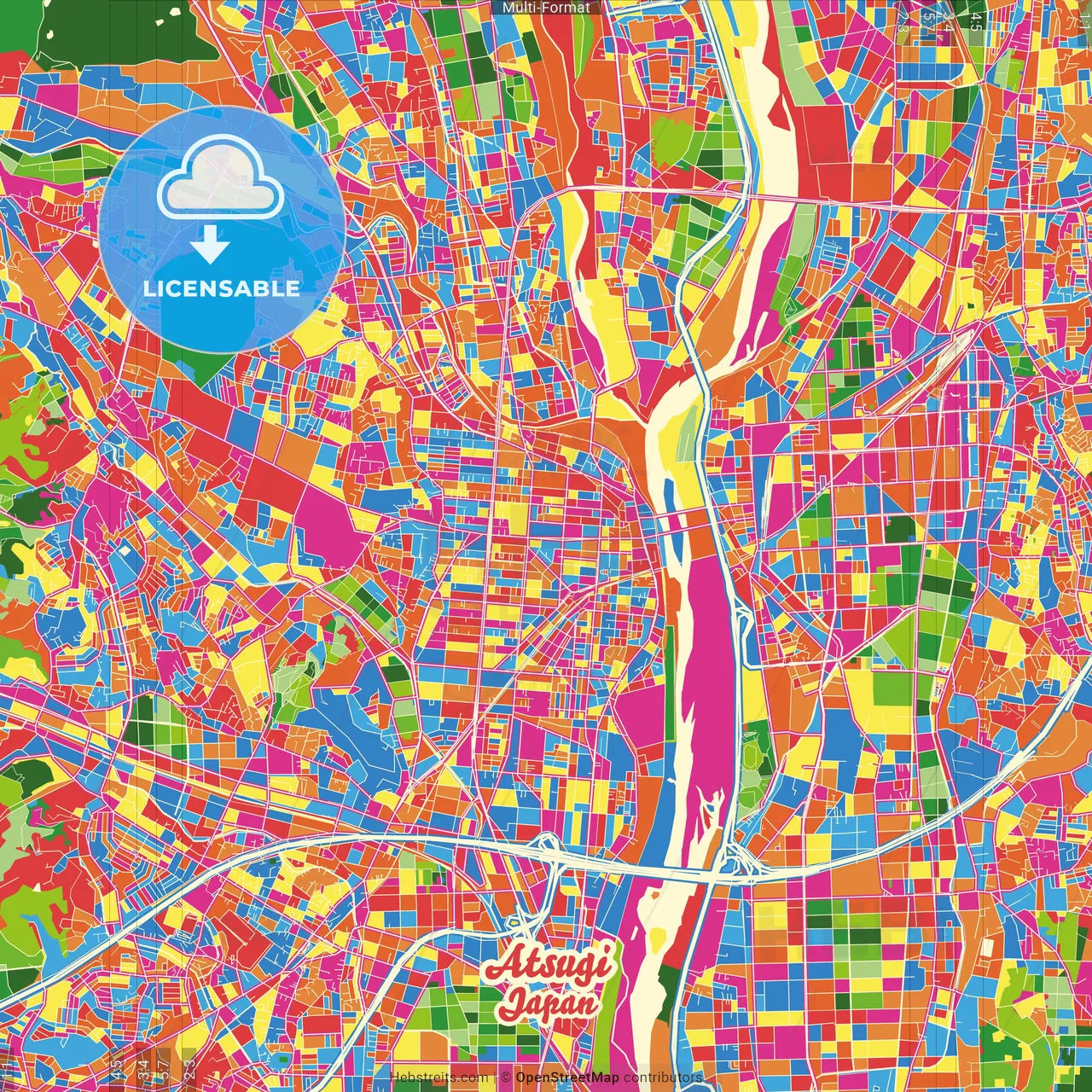 Atsugi, Kanagawa, Japan Crazy Colorful Street Map Poster Template