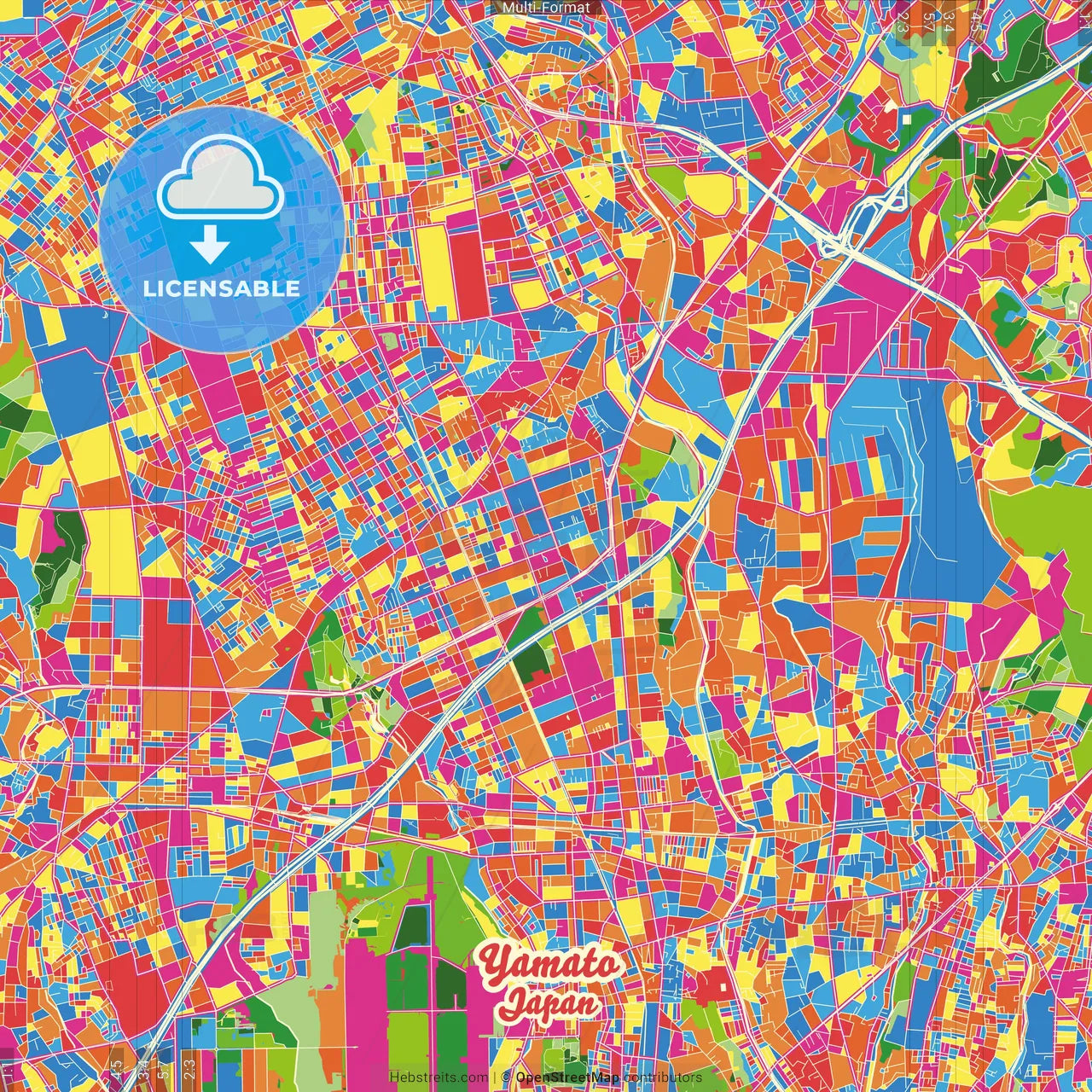 Yamato, Kanagawa, Japan Crazy Colorful Street Map Poster Template