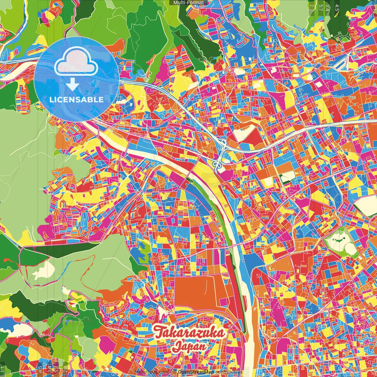 Takarazuka, Hyōgo, Japan Crazy Colorful Street Map Poster Template