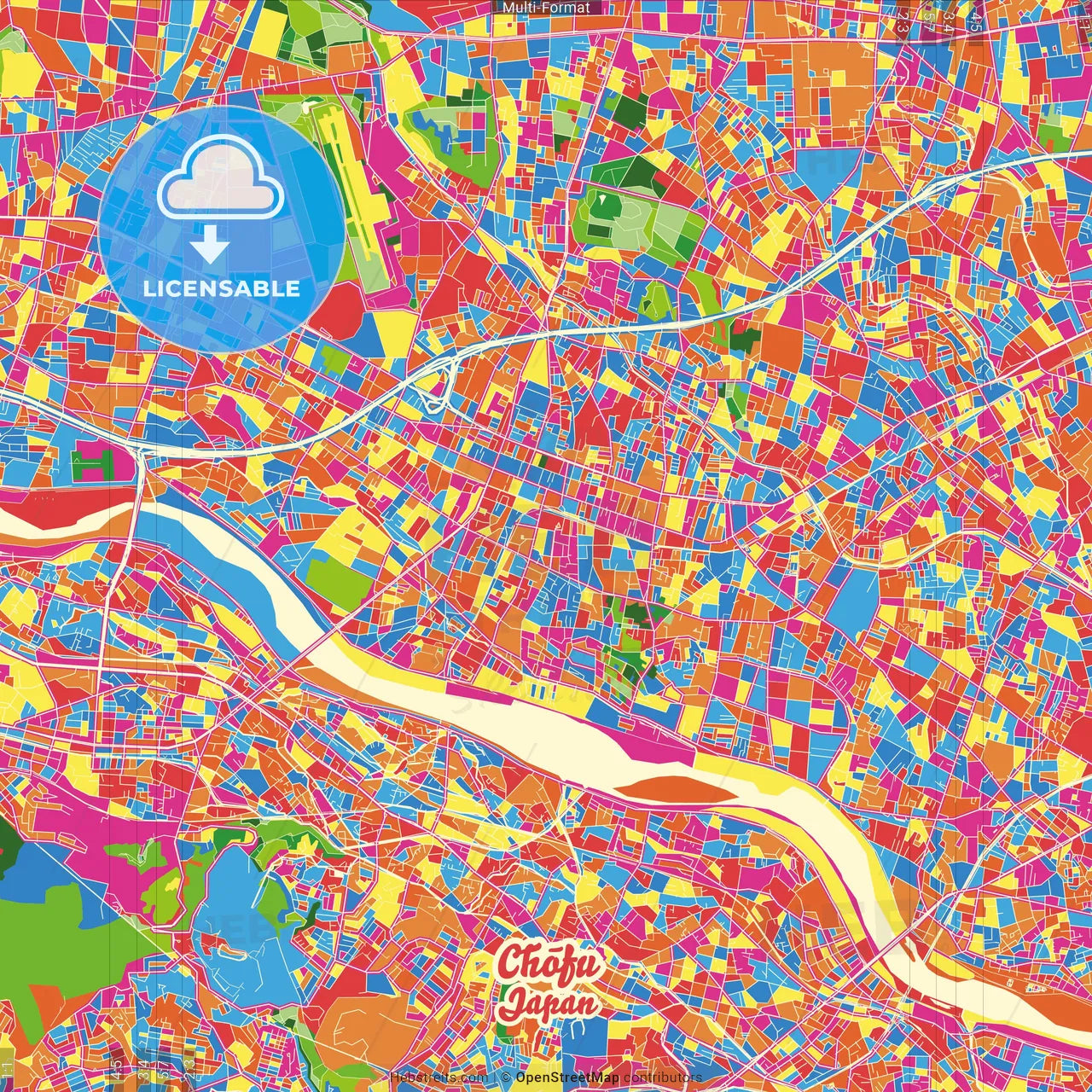 Chōfu, Tokyo, Japan Crazy Colorful Street Map Poster Template