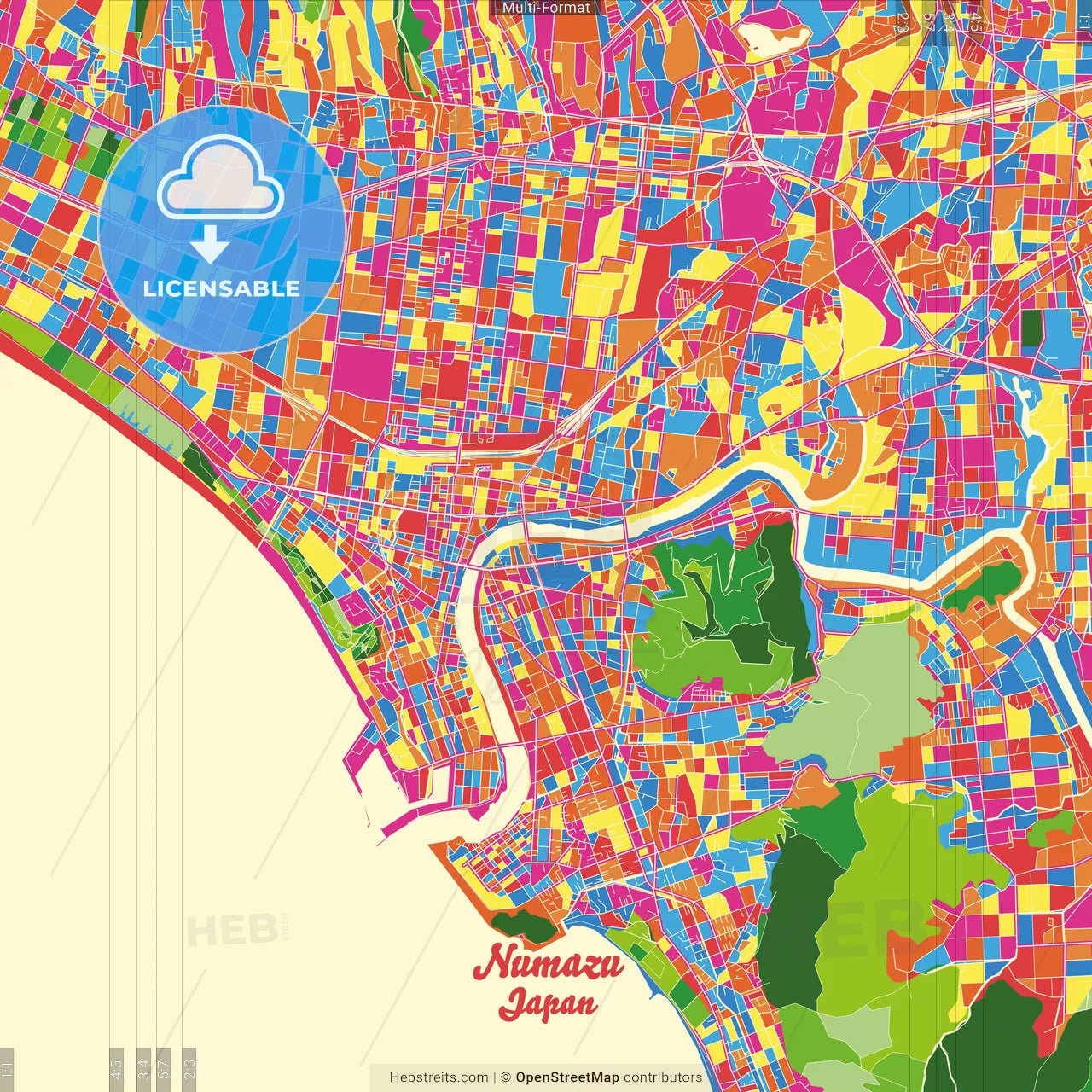 Numazu, Shizuoka, Japan Crazy Colorful Street Map Poster Template