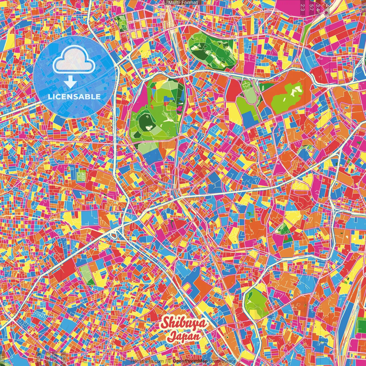 Shibuya, Tokyo, Japan Crazy Colorful Street Map Poster Template