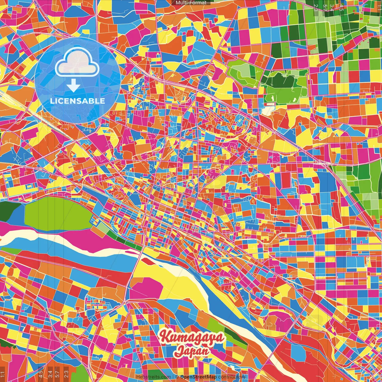 Kumagaya, Saitama, Japan Crazy Colorful Street Map Poster Template