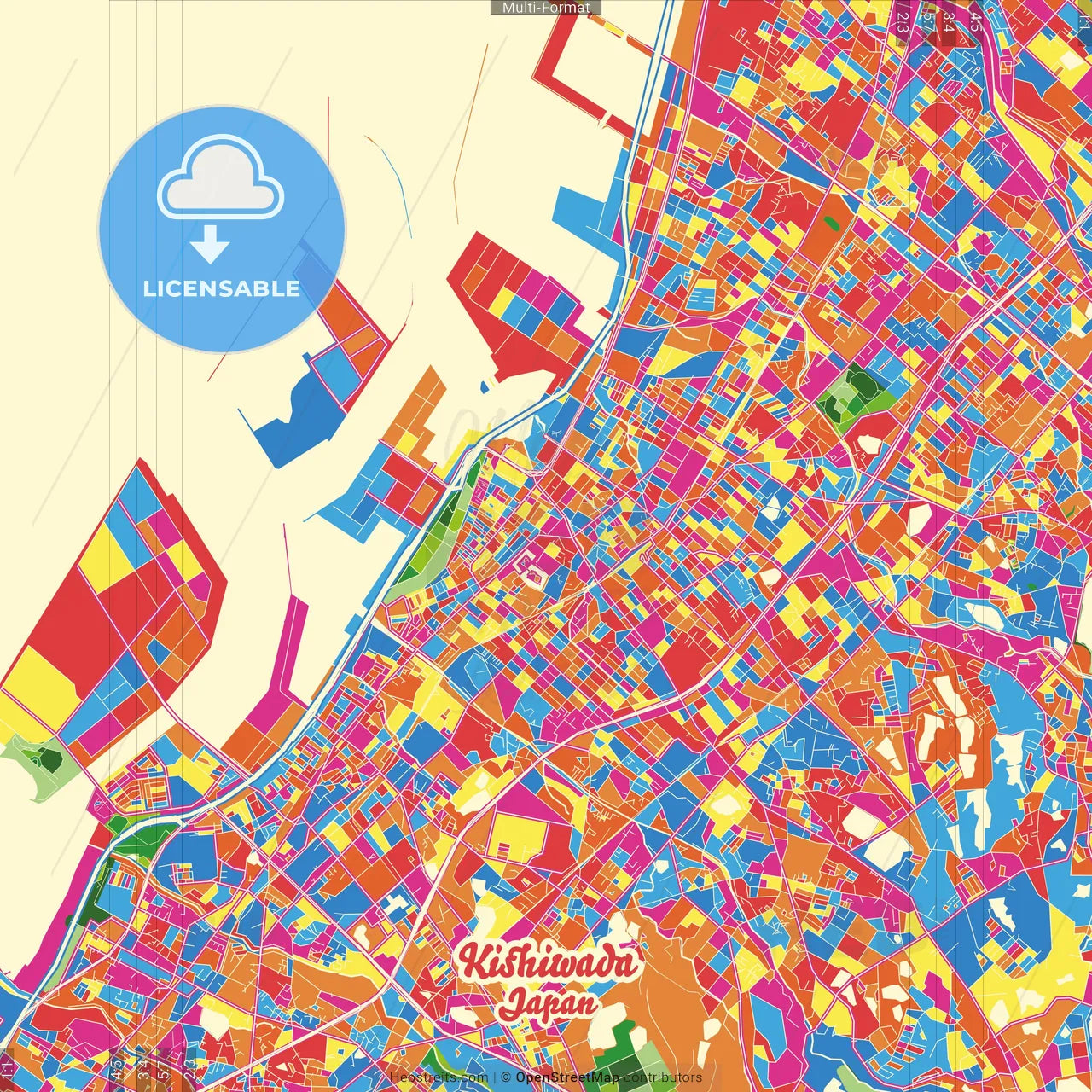 Kishiwada, Osaka, Japan Crazy Colorful Street Map Poster Template