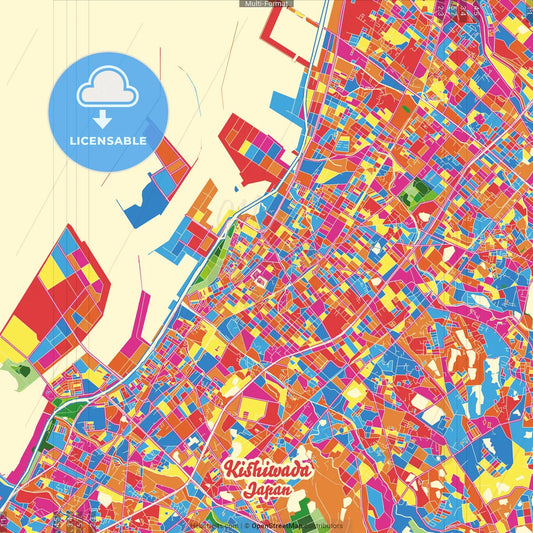 Kishiwada, Osaka, Japan Crazy Colorful Street Map Poster Template