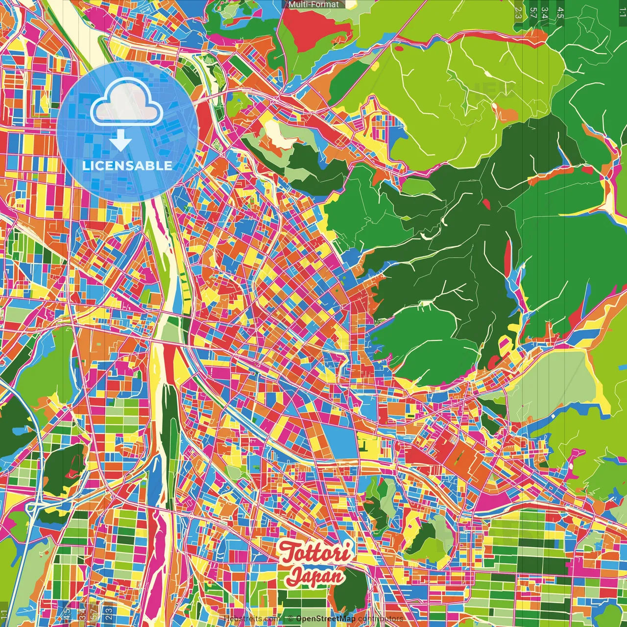 Tottori, Tottori, Japan Crazy Colorful Street Map Poster Template
