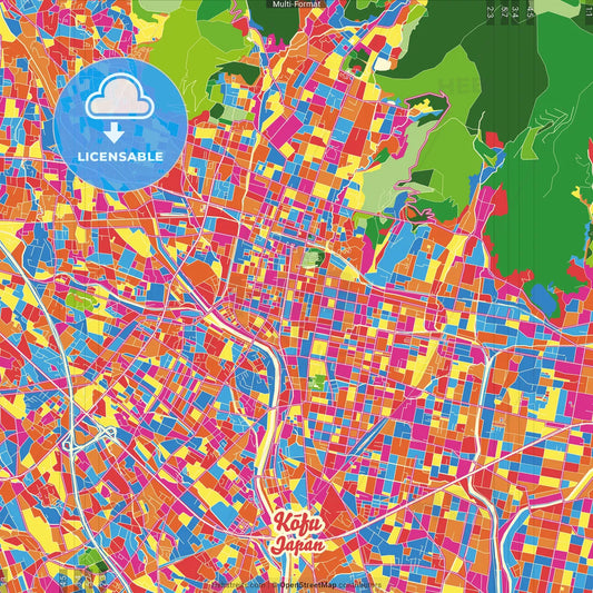 Kōfu, Yamanashi, Japan Crazy Colorful Street Map Poster Template