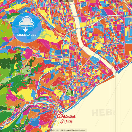 Odawara, Kanagawa, Japan Crazy Colorful Street Map Poster Template