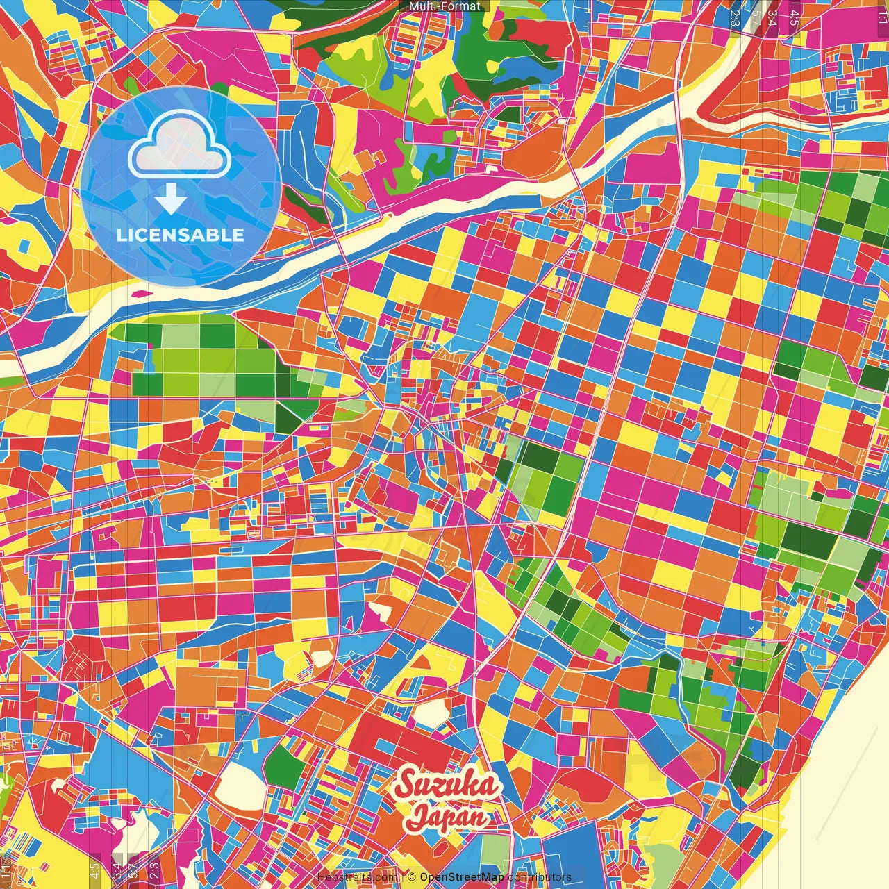Suzuka, Mie, Japan Crazy Colorful Street Map Poster Template