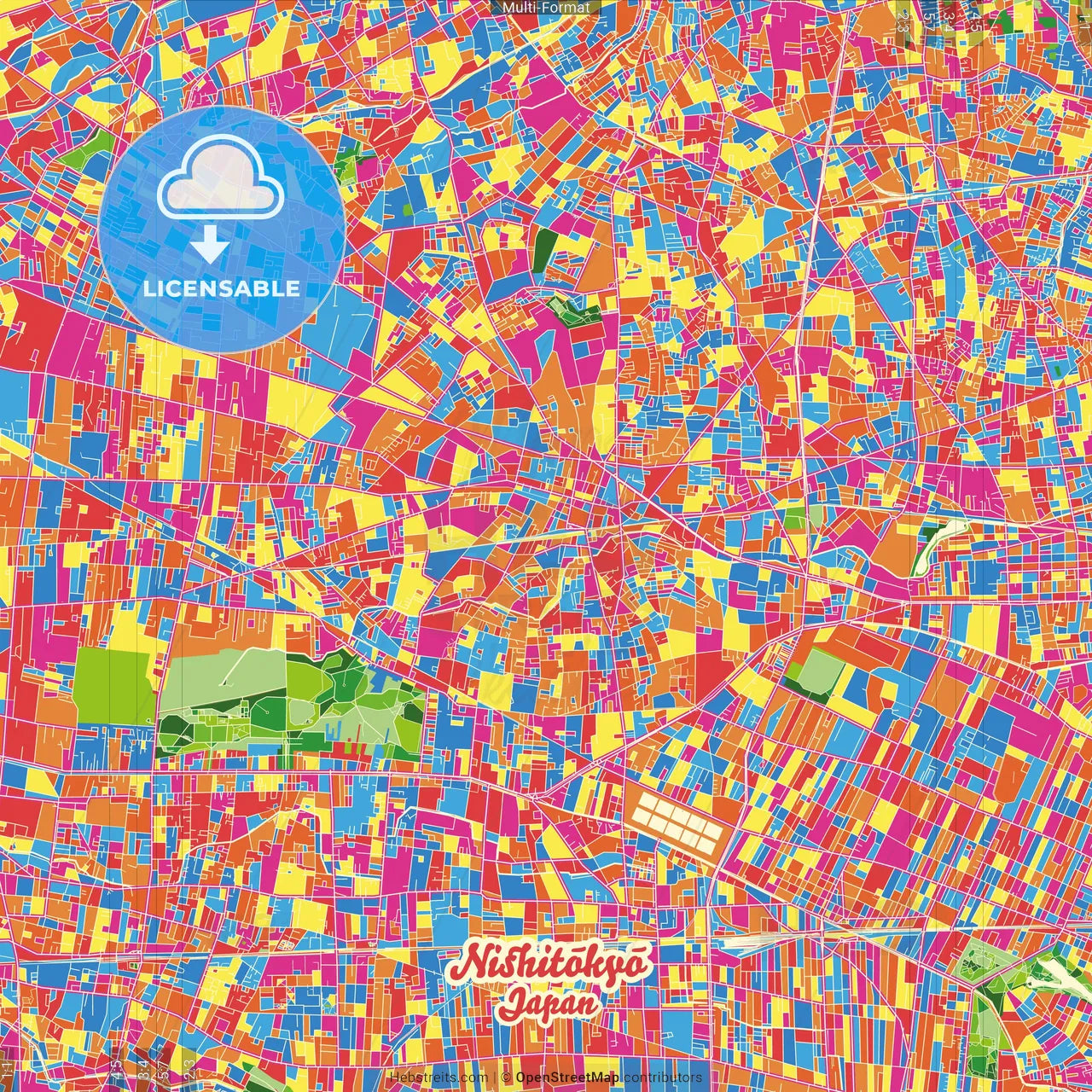 Nishitōkyō, Tokyo, Japan Crazy Colorful Street Map Poster Template