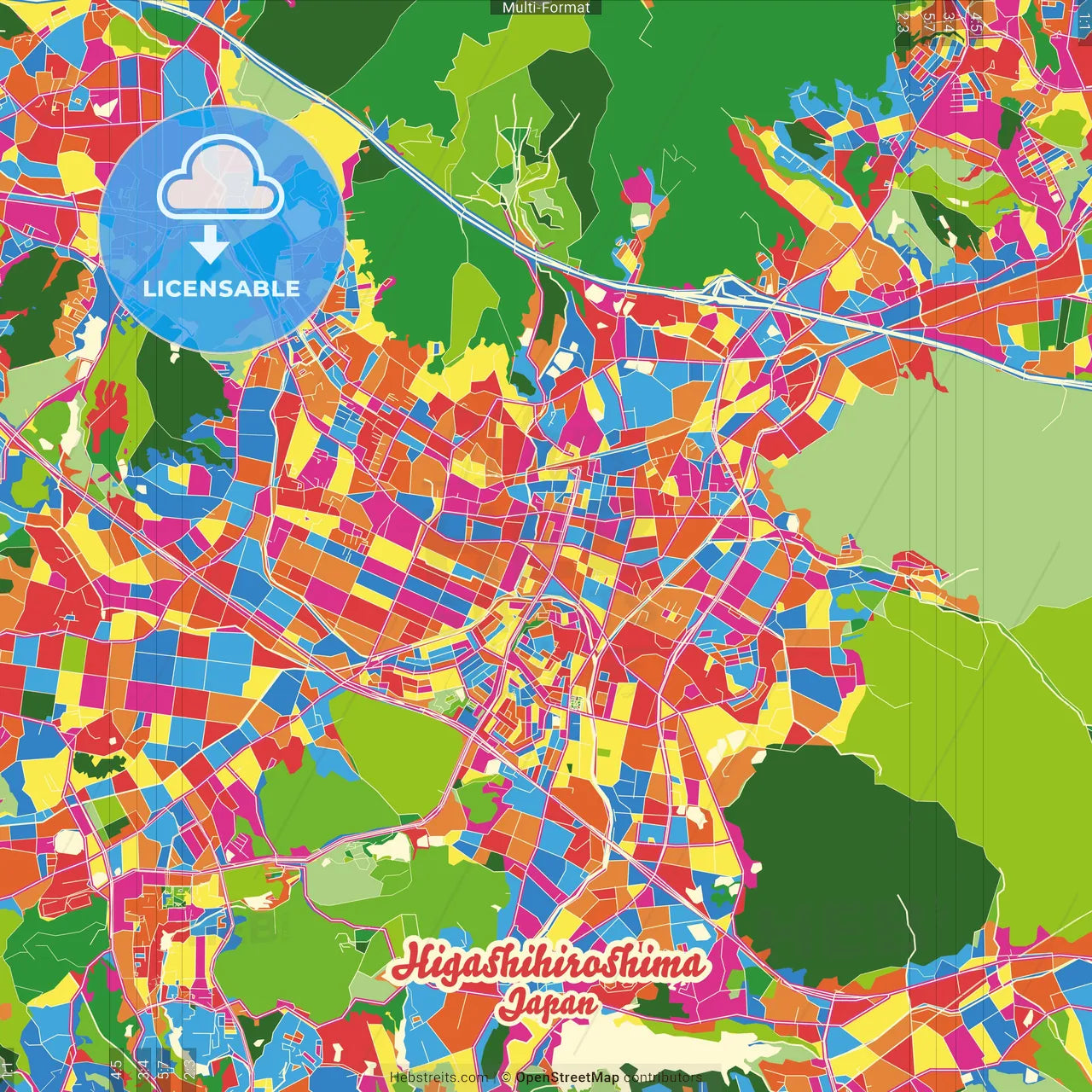 Higashihiroshima, Hiroshima, Japan Crazy Colorful Street Map Poster Template