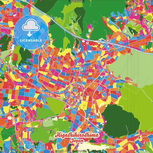 Higashihiroshima, Hiroshima, Japan Crazy Colorful Street Map Poster Template