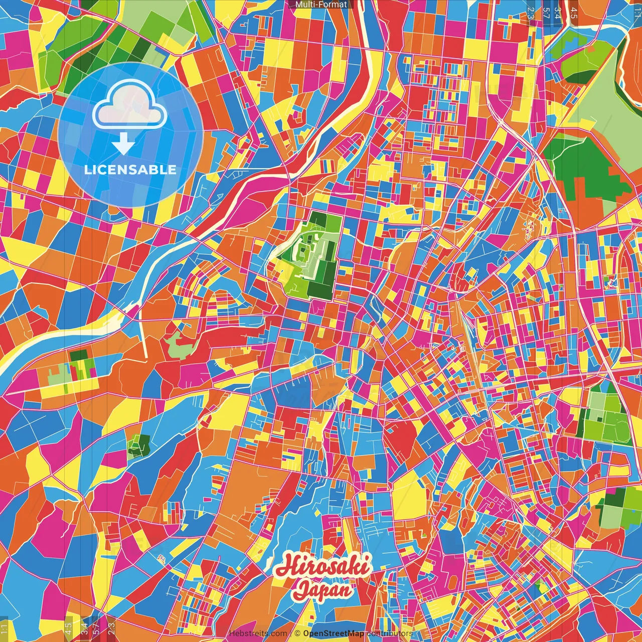 Hirosaki, Aomori, Japan Crazy Colorful Street Map Poster Template