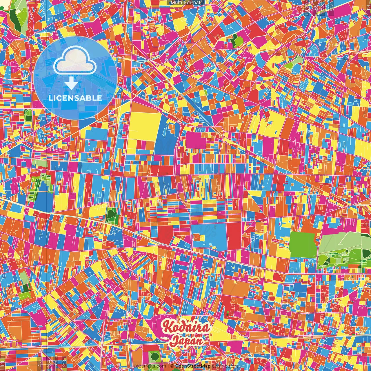 Kodaira, Tokyo, Japan Crazy Colorful Street Map Poster Template