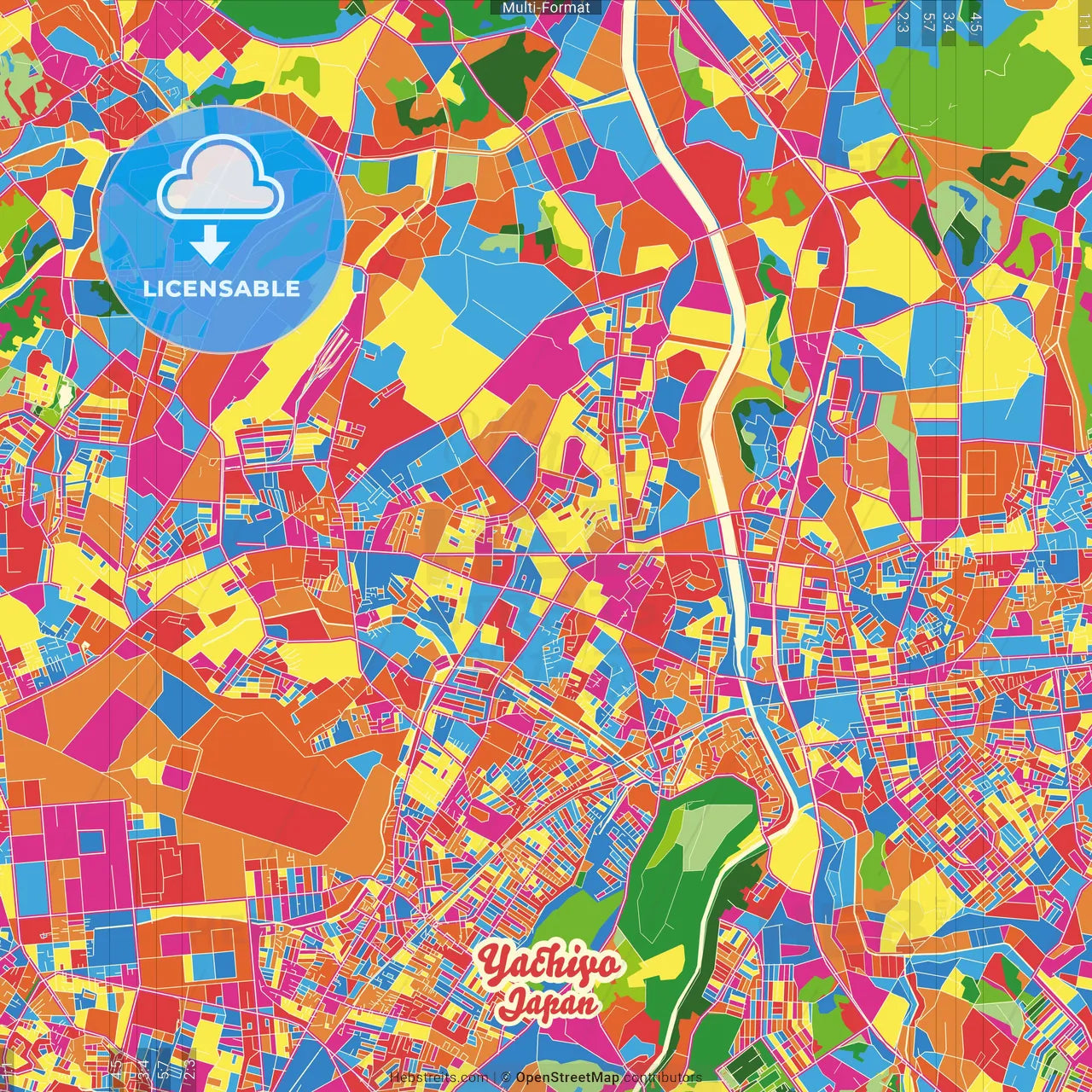 Yachiyo, Chiba, Japan Crazy Colorful Street Map Poster Template