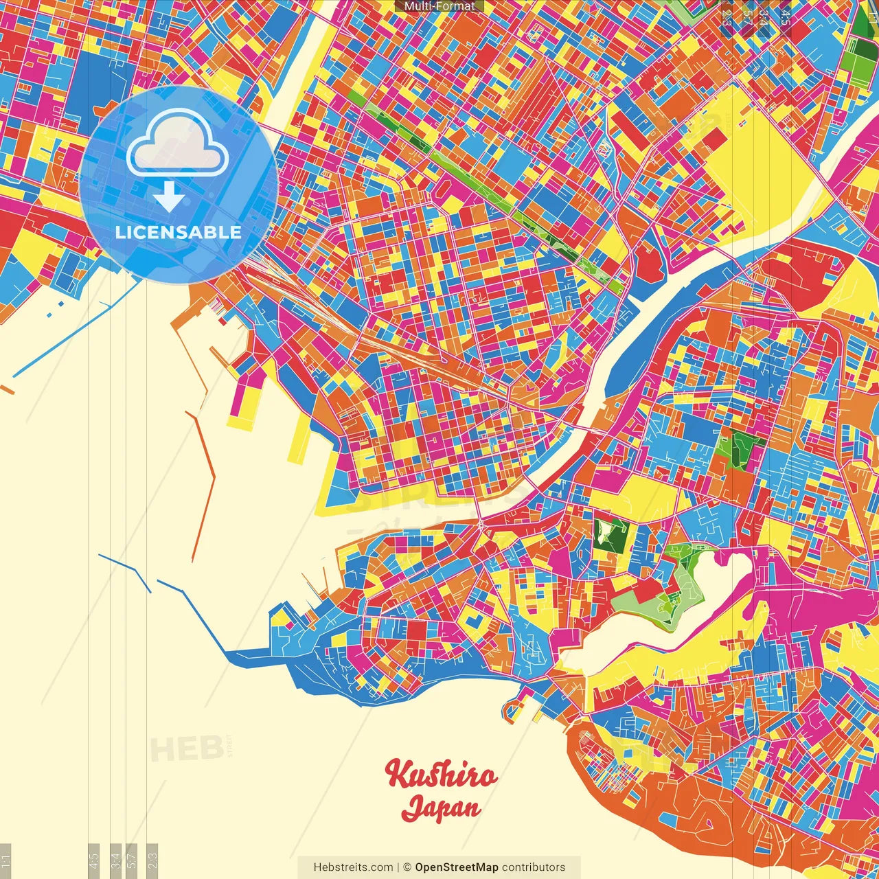Kushiro, Hokkaidō, Japan Crazy Colorful Street Map Poster Template