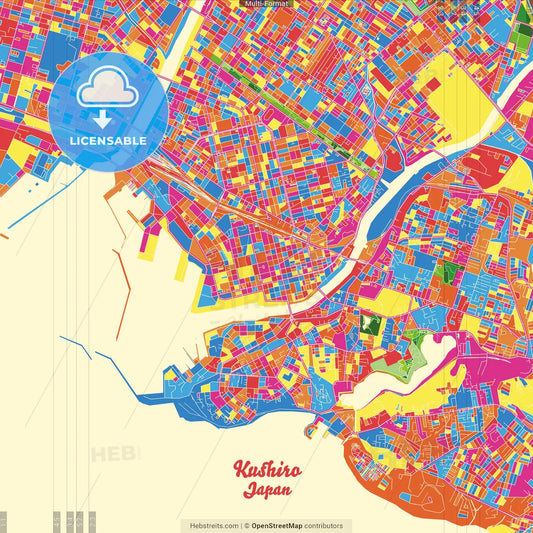 Kushiro, Hokkaidō, Japan Crazy Colorful Street Map Poster Template