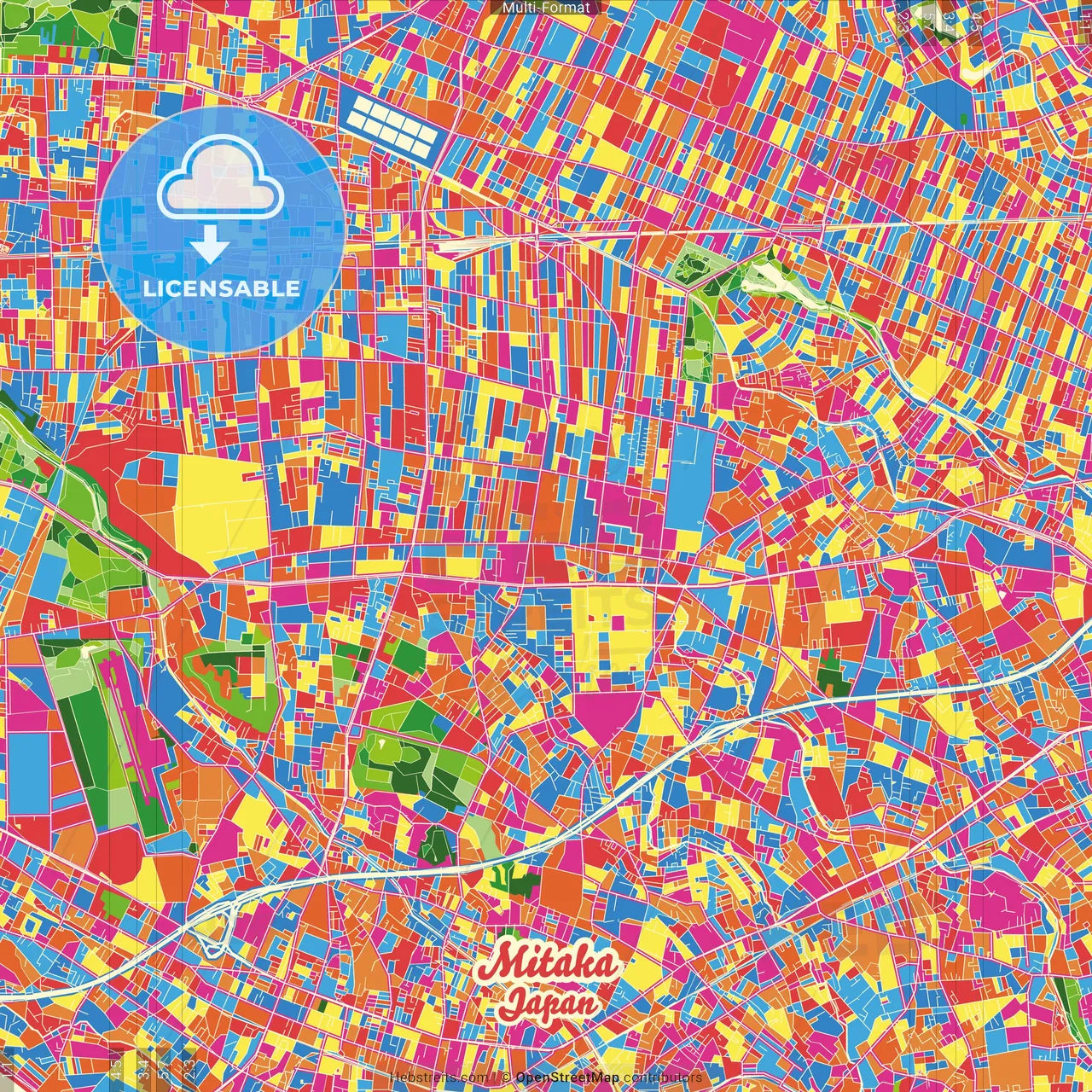 Mitaka, Tokyo, Japan Crazy Colorful Street Map Poster Template