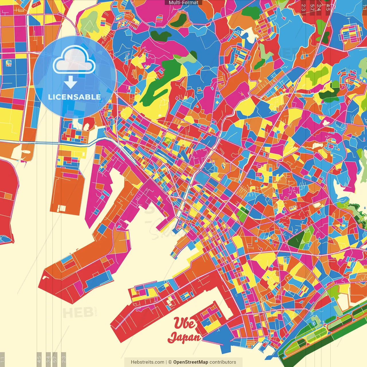 Ube, Yamaguchi, Japan Crazy Colorful Street Map Poster Template