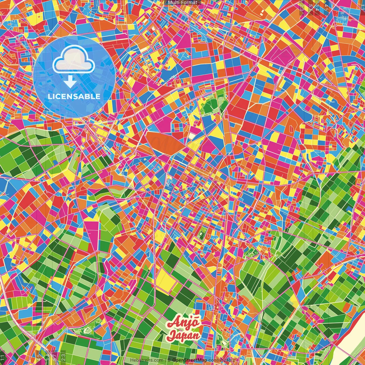 Anjō, Aichi, Japan Crazy Colorful Street Map Poster Template