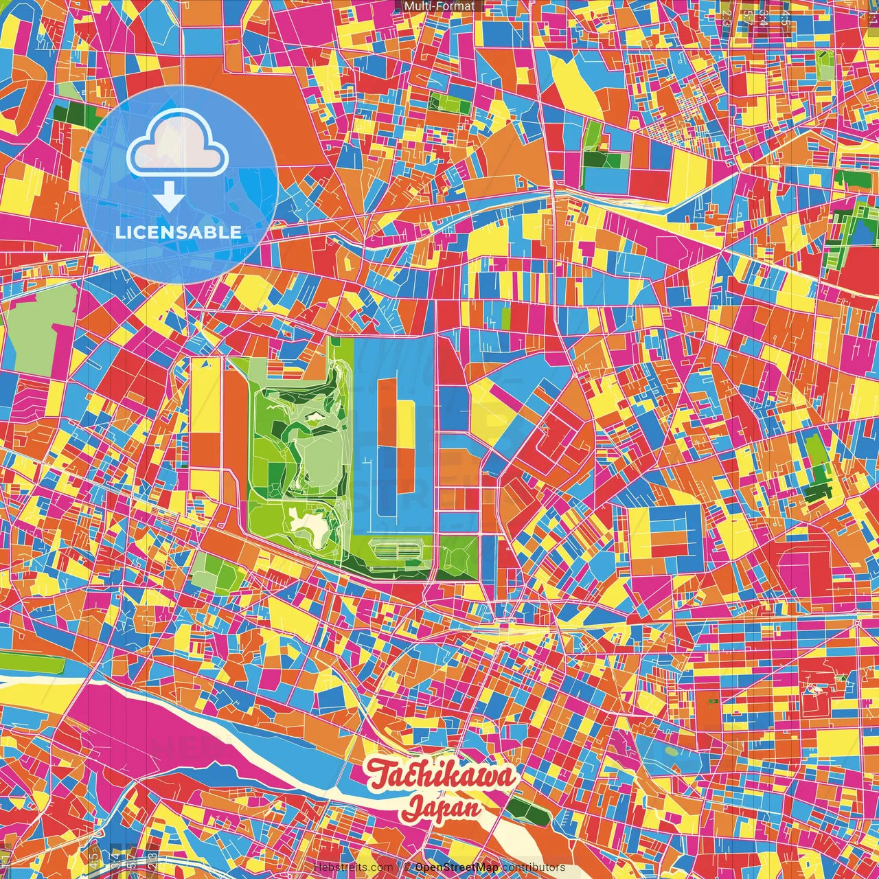 Tachikawa, Tokyo, Japan Crazy Colorful Street Map Poster Template