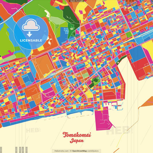 Tomakomai, Hokkaidō, Japan Crazy Colorful Street Map Poster Template