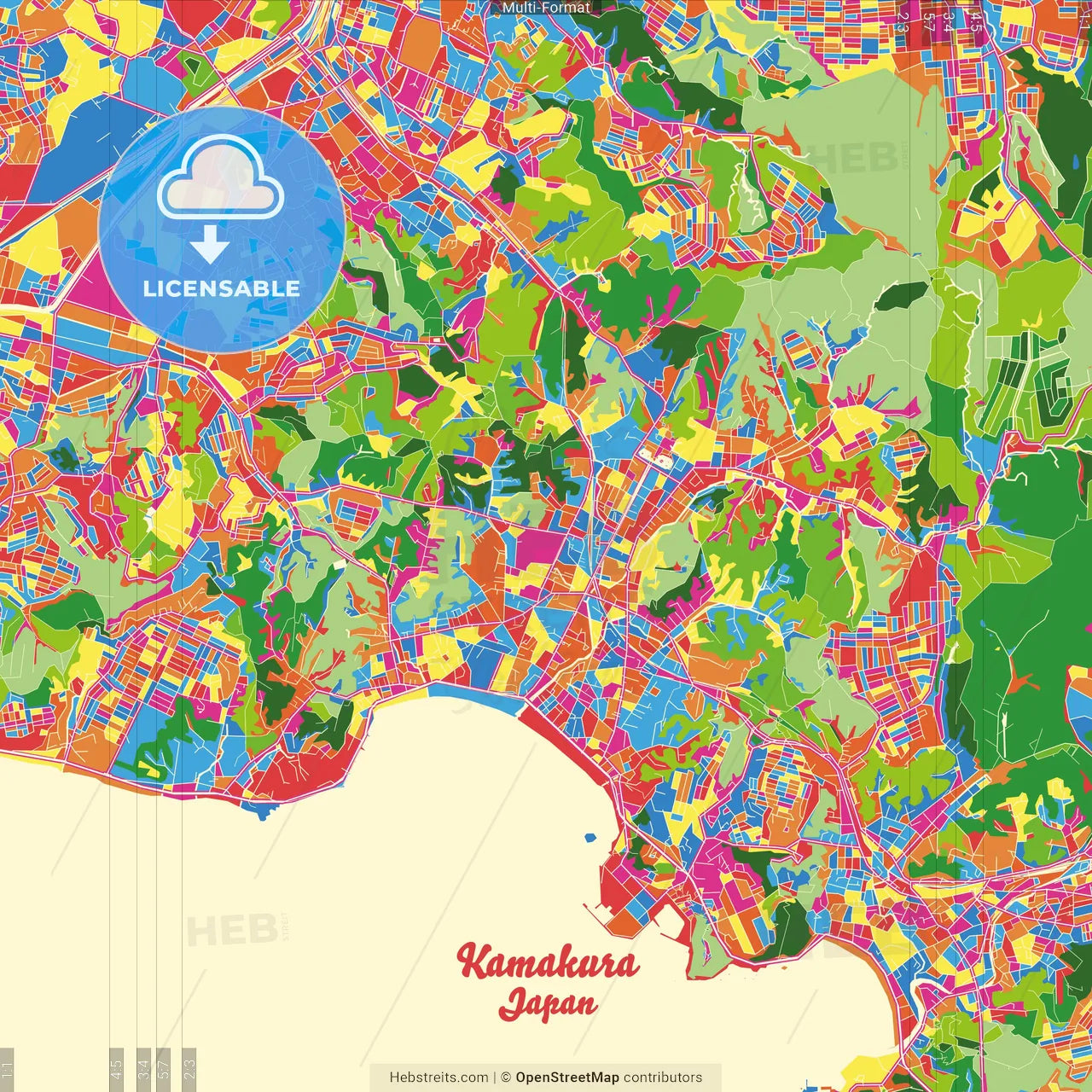 Kamakura, Kanagawa, Japan Crazy Colorful Street Map Poster Template