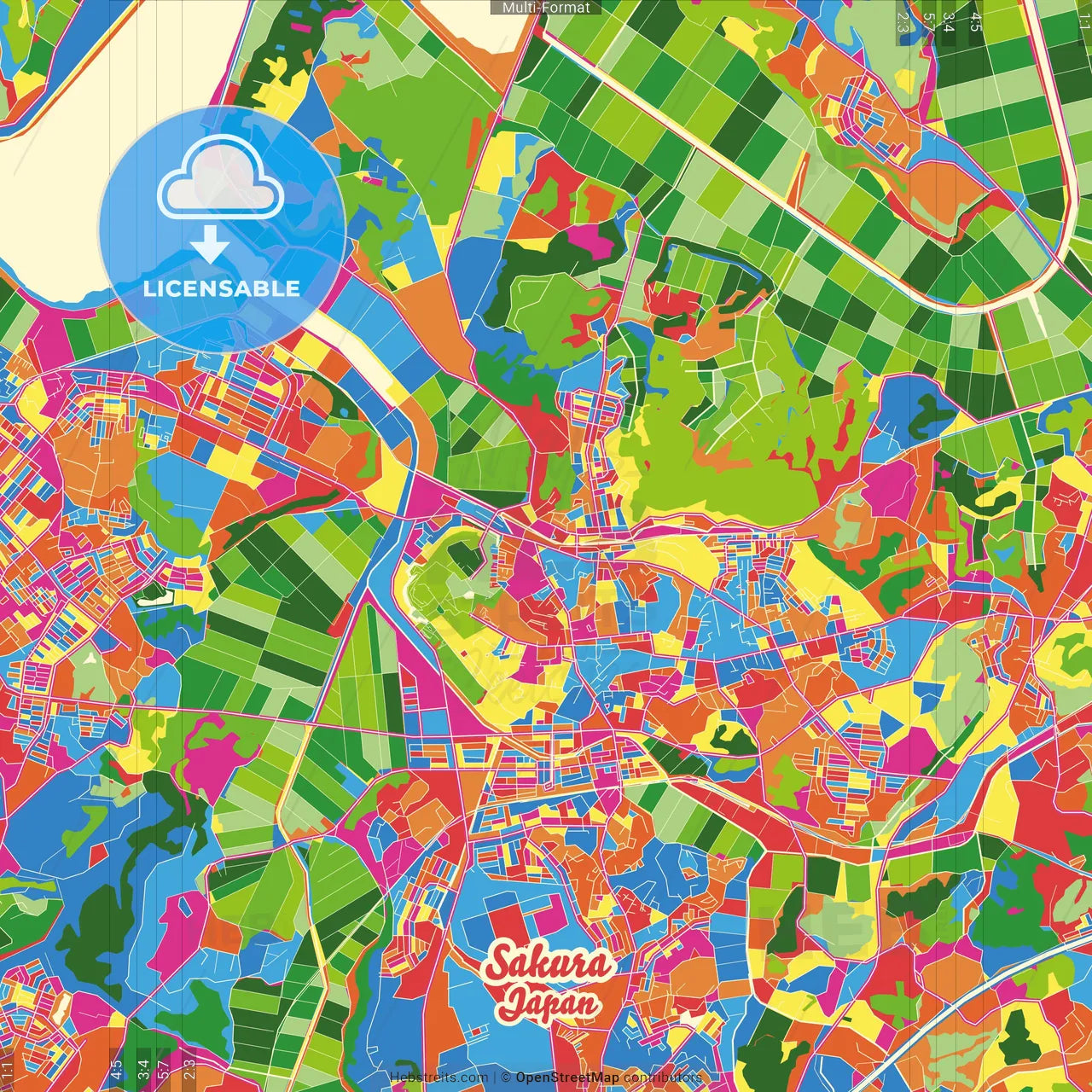 Sakura, Chiba, Japan Crazy Colorful Street Map Poster Template