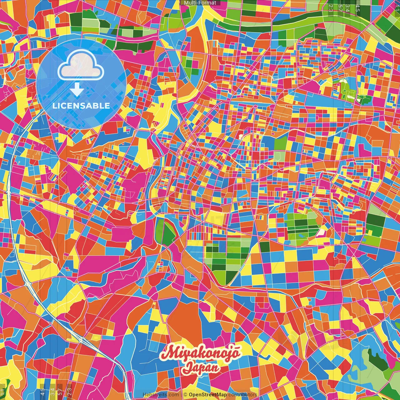 Miyakonojō, Miyazaki, Japan Crazy Colorful Street Map Poster Template