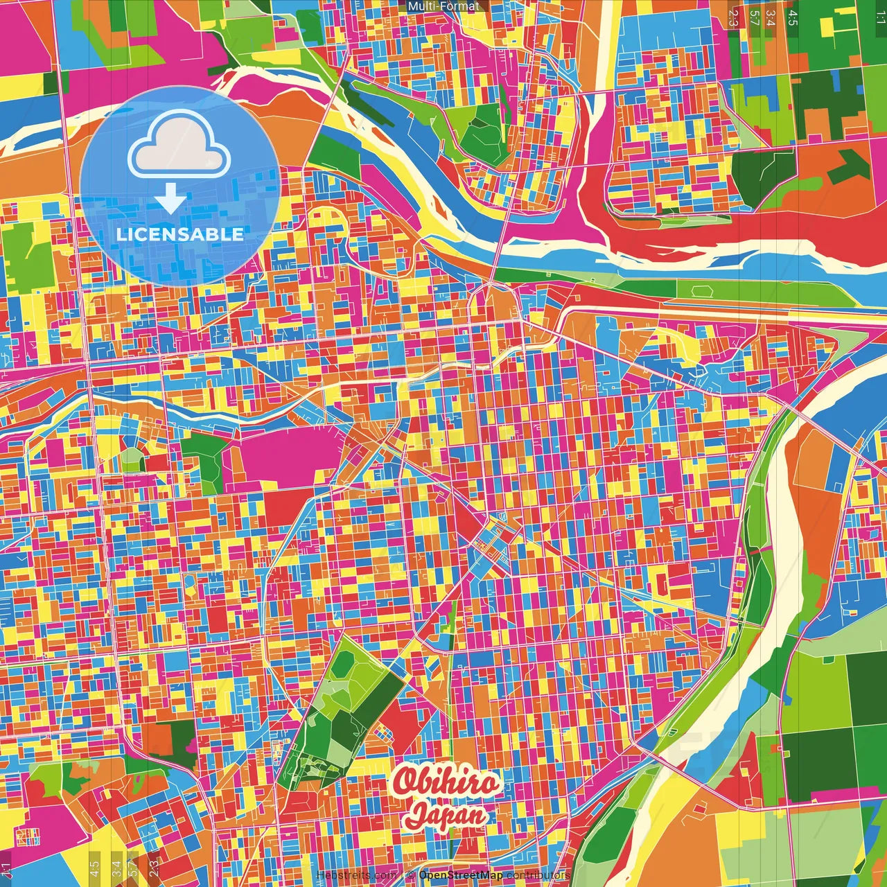 Obihiro, Hokkaidō, Japan Crazy Colorful Street Map Poster Template