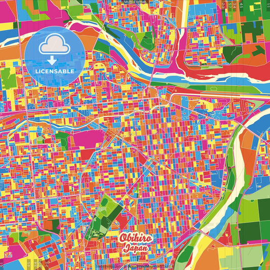 Obihiro, Hokkaidō, Japan Crazy Colorful Street Map Poster Template