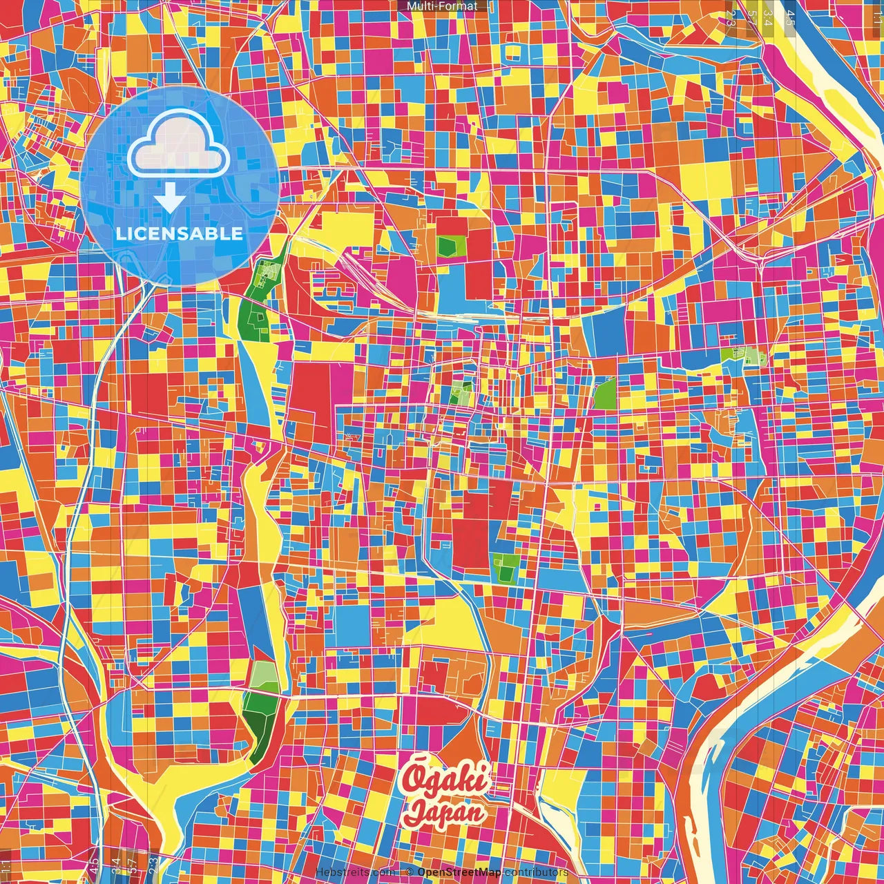 Ōgaki, Gifu, Japan Crazy Colorful Street Map Poster Template