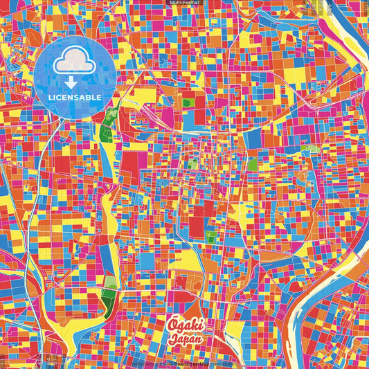 Ōgaki, Gifu, Japan Crazy Colorful Street Map Poster Template