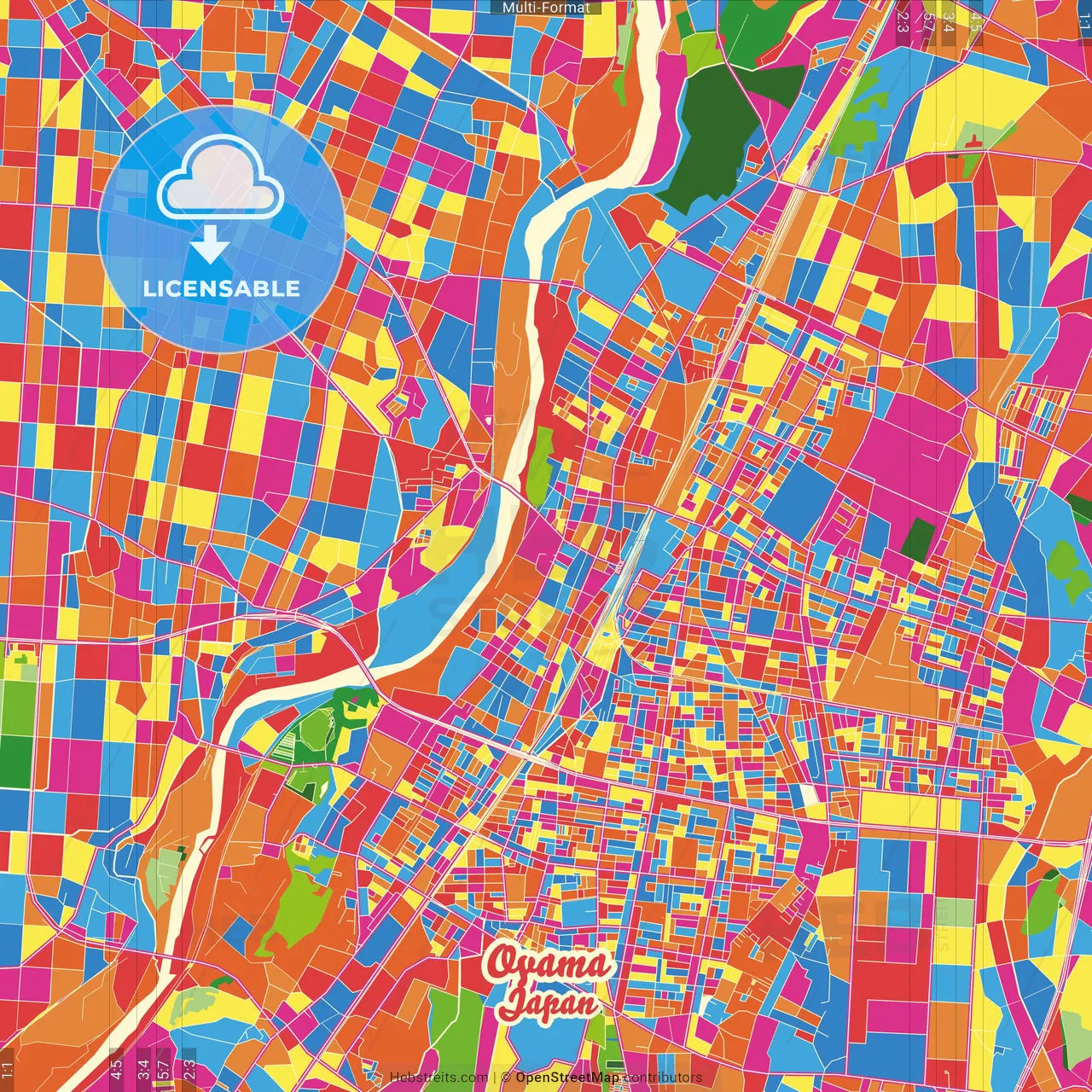 Oyama, Tochigi, Japan Crazy Colorful Street Map Poster Template