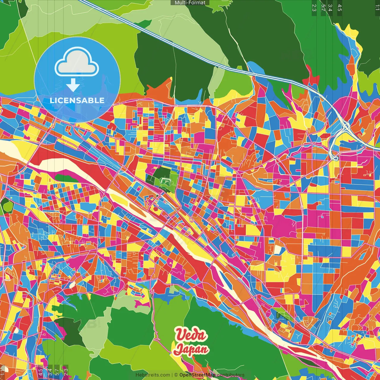 Ueda, Nagano, Japan Crazy Colorful Street Map Poster Template