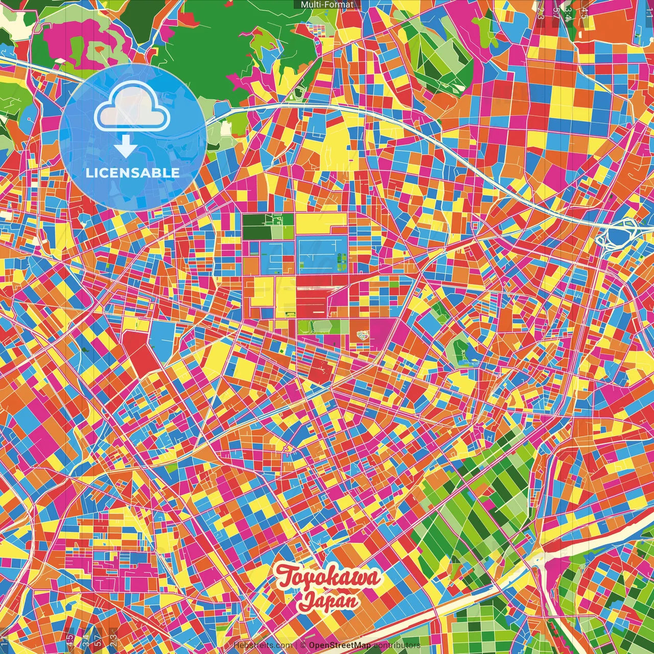 Toyokawa, Aichi, Japan Crazy Colorful Street Map Poster Template