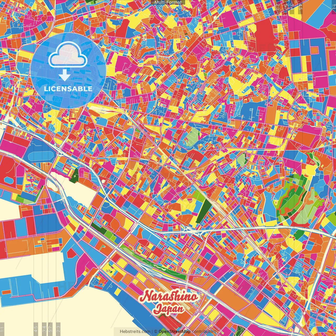 Narashino, Chiba, Japan Crazy Colorful Street Map Poster Template
