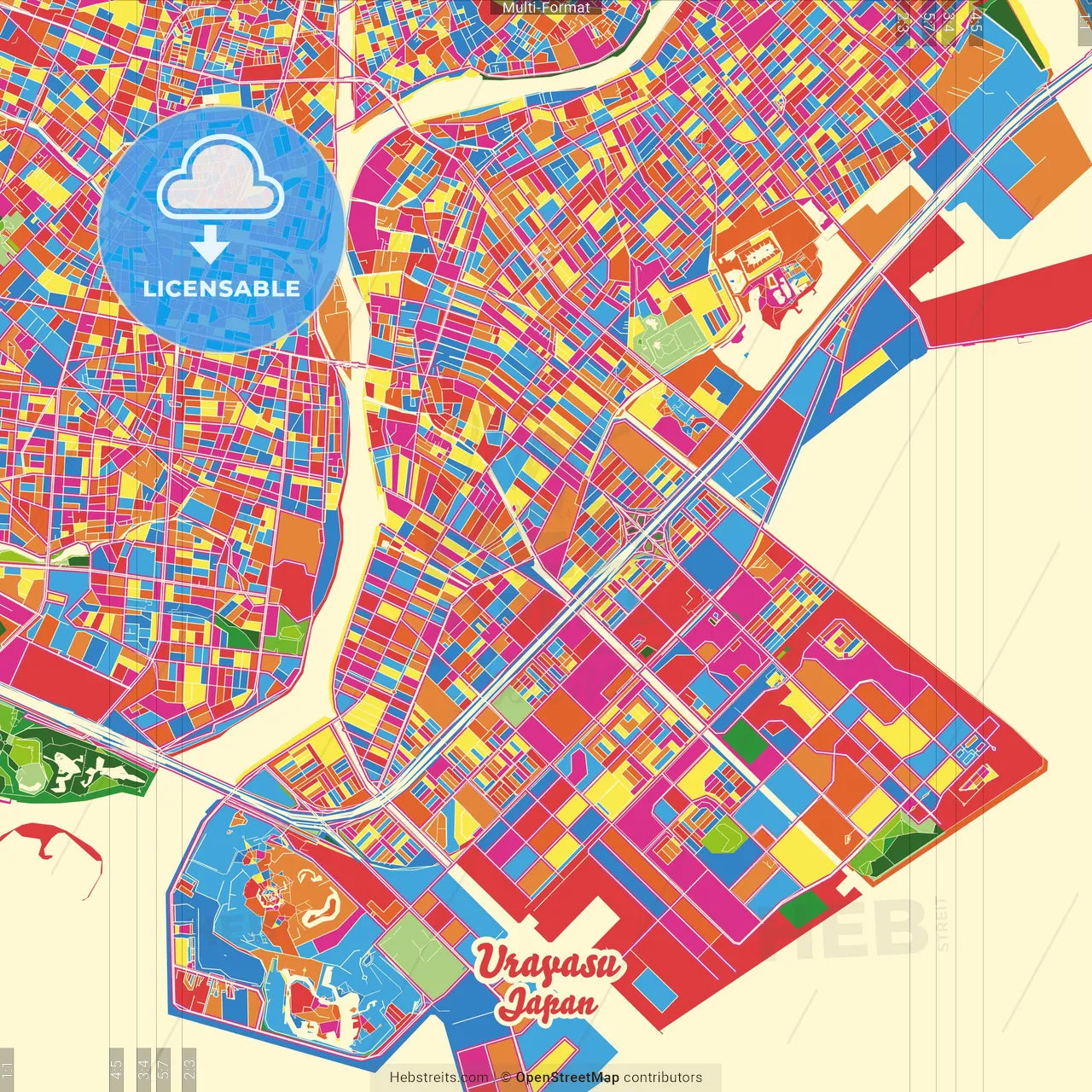 Urayasu, Chiba, Japan Crazy Colorful Street Map Poster Template